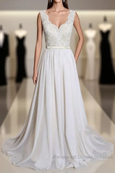Latest Long A-line V-neck Lace Chiffon Wedding Dresses